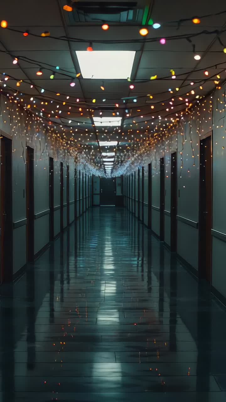 Vertical video: Camera panning showing decorated hallway with colored bulbs and small white lights
