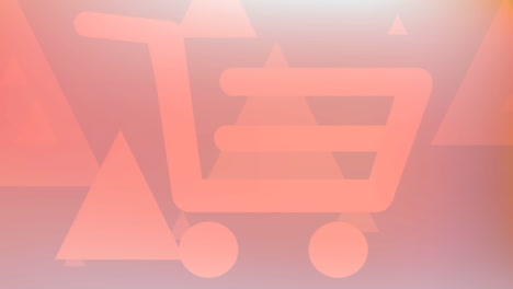 shopping cart icon and multiple triangle shapes floating against orange gradient background