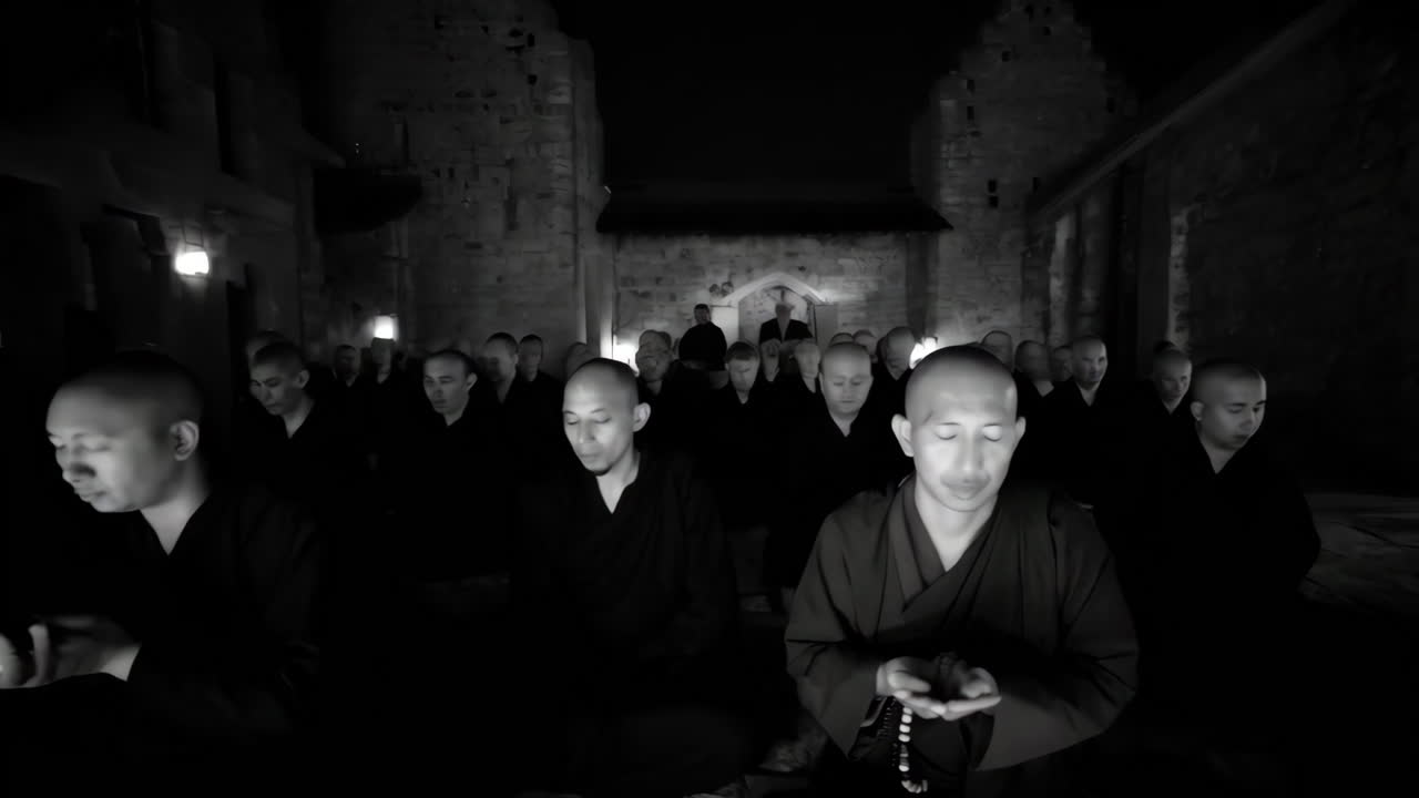 Monks Meditating in a Dark Temple