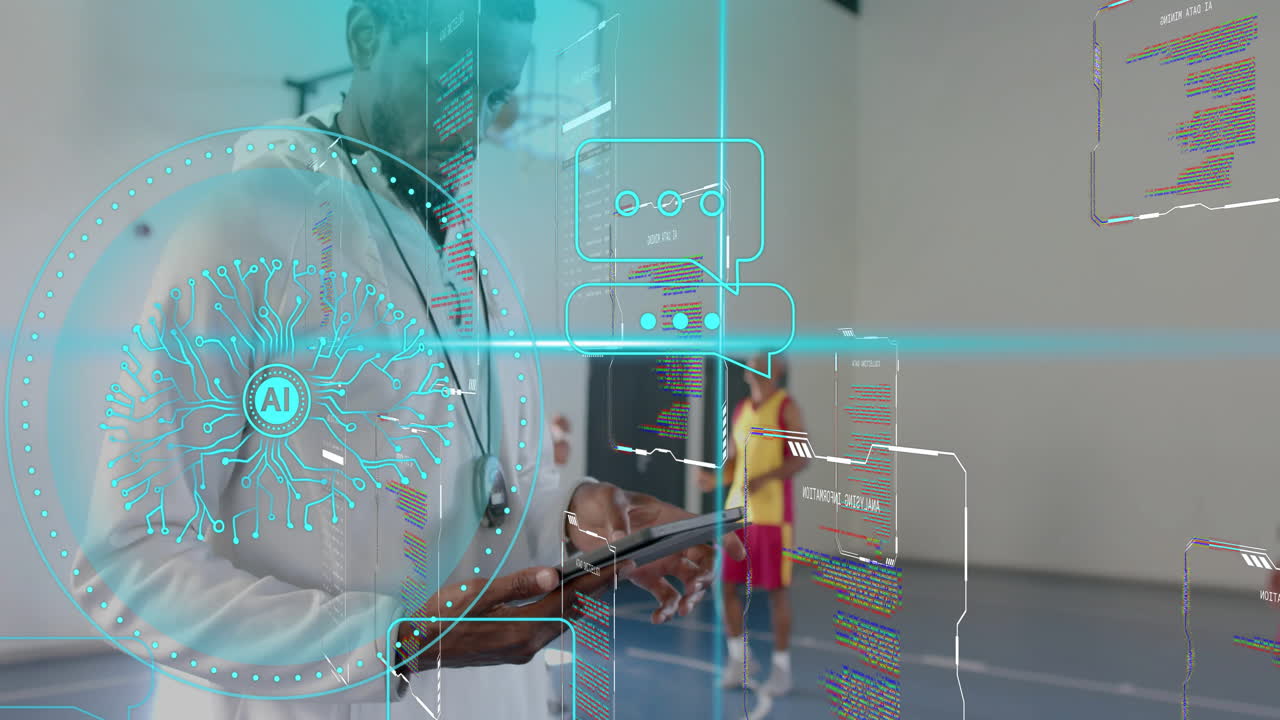 AI technology and data processing animation over doctor using tablet in gym