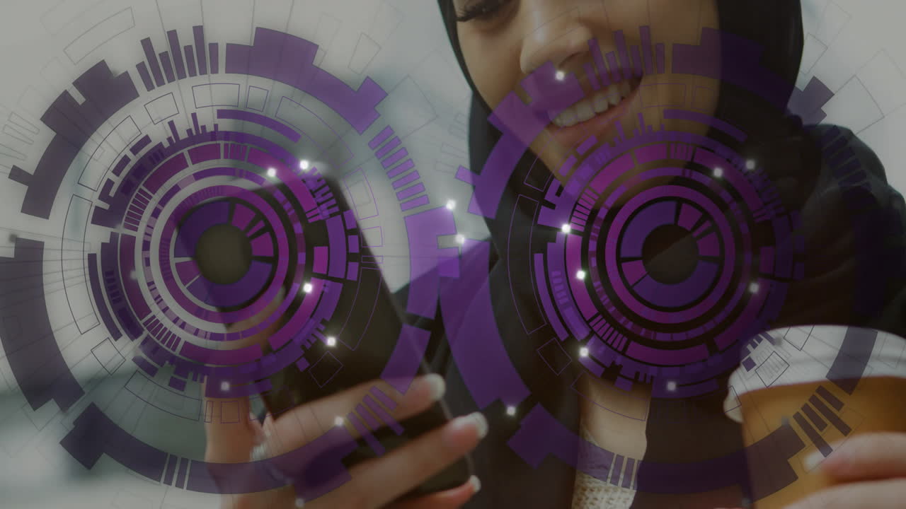 woman wearing hijab interacting with smartphone in technology interface, displaying purple circles