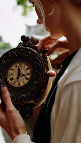 antique market in an european city and woman holding a clock