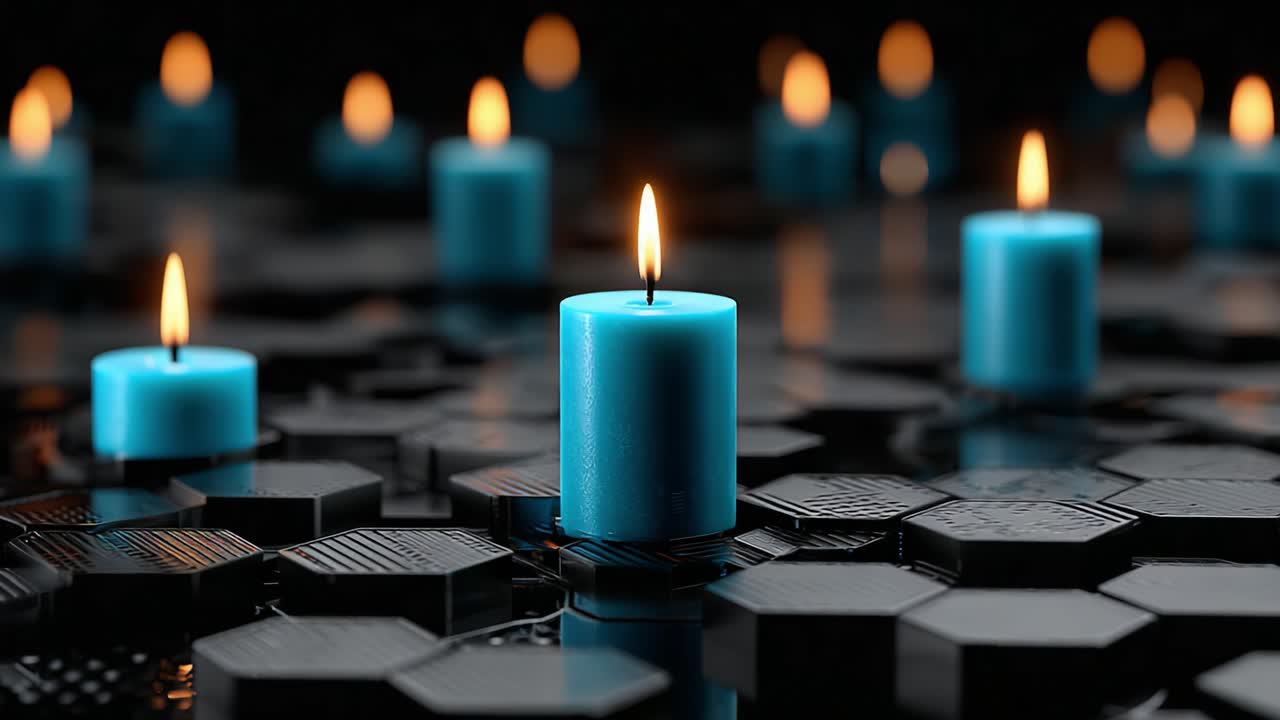 Serenità e calma: una splendida disposizione di candele blu luminose su una superficie scura riflettente, circondata da motivi esagonali, che evoca tranquillità e pace