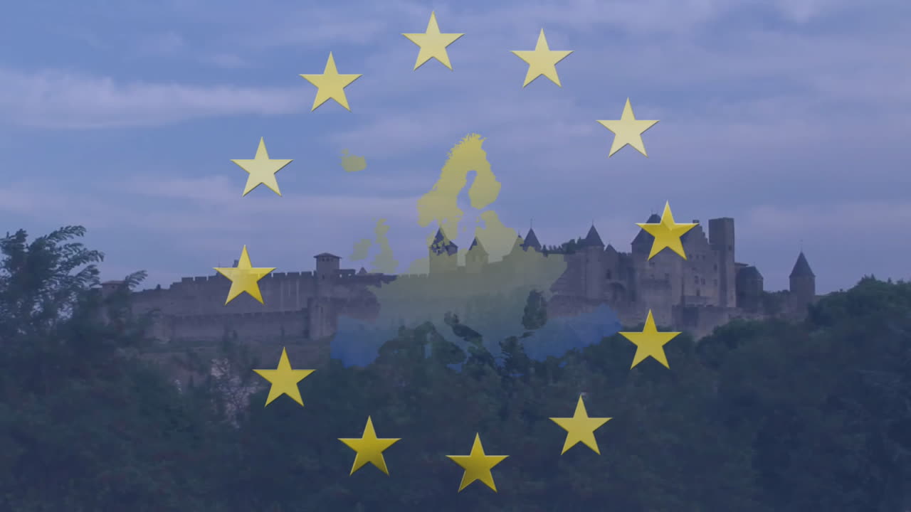 animación de la bandera y el mapa de la unión europea sobre el castillo y el paisaje