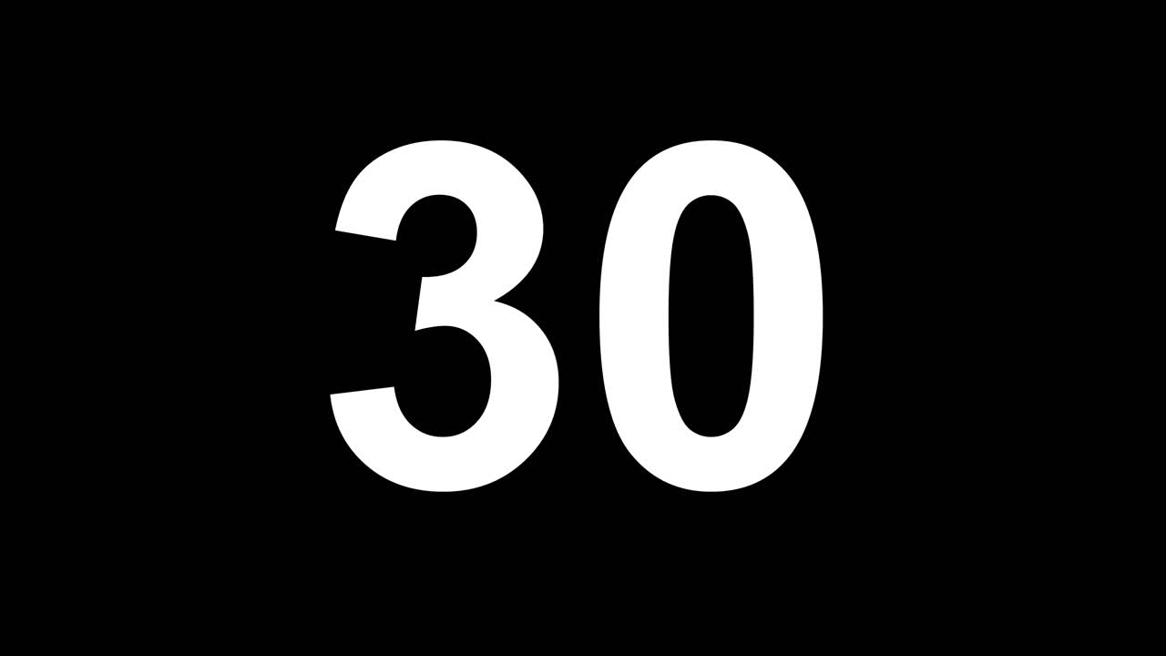 Countdown Timer Animation Counting Down from 30 to 1 on Black Background