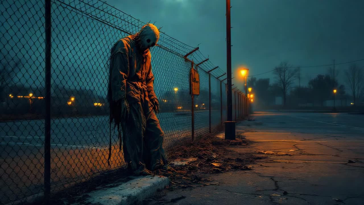 Eerie scarecrow figure stands against a chain-link fence in a dimly lit urban setting at dusk