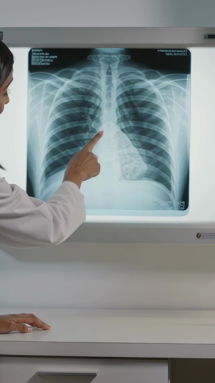 Vertical video: Raising right hand, Dr in coat pointing, tracing, showing lung base on Xray panel
