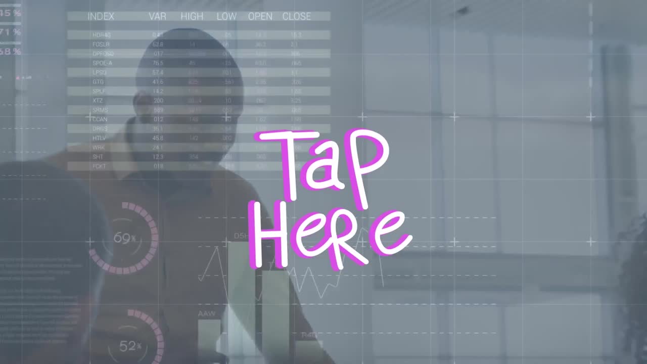 animación de toque aquí texto y procesamiento de datos sobre diversas personas de negocios.