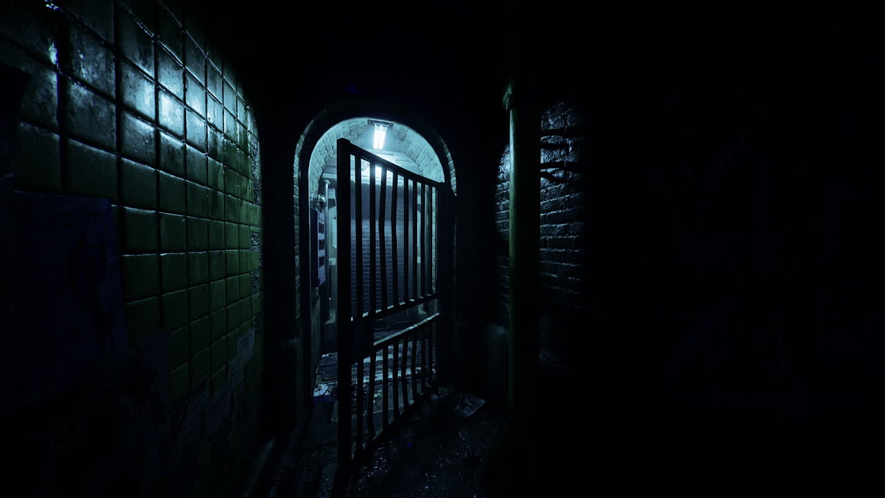 Mysterious corridor with open gate in dimly lit urban environment at night