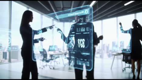 a dynamic business environment showcased through modern technology in an office setting, highlighting data interaction and collaboration among professionals