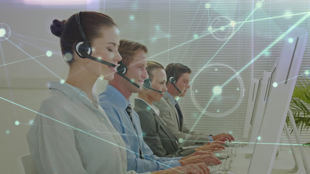 전화 헤드 ⁇ 을 착용 한 사업가 들 을 통한 연결 네트워크 의 애니메이션