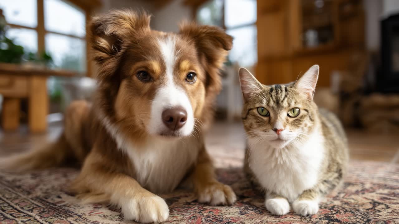 Un momento toccante di amicizia tra un cane e un gatto che si rilassano insieme in un accogliente salotto su un tappeto dal design raffinato con luce naturale che entra a fiotti