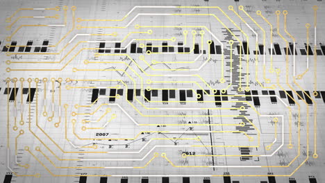 animación de un circuito integrado sobre datos y gráficos en fondo beige