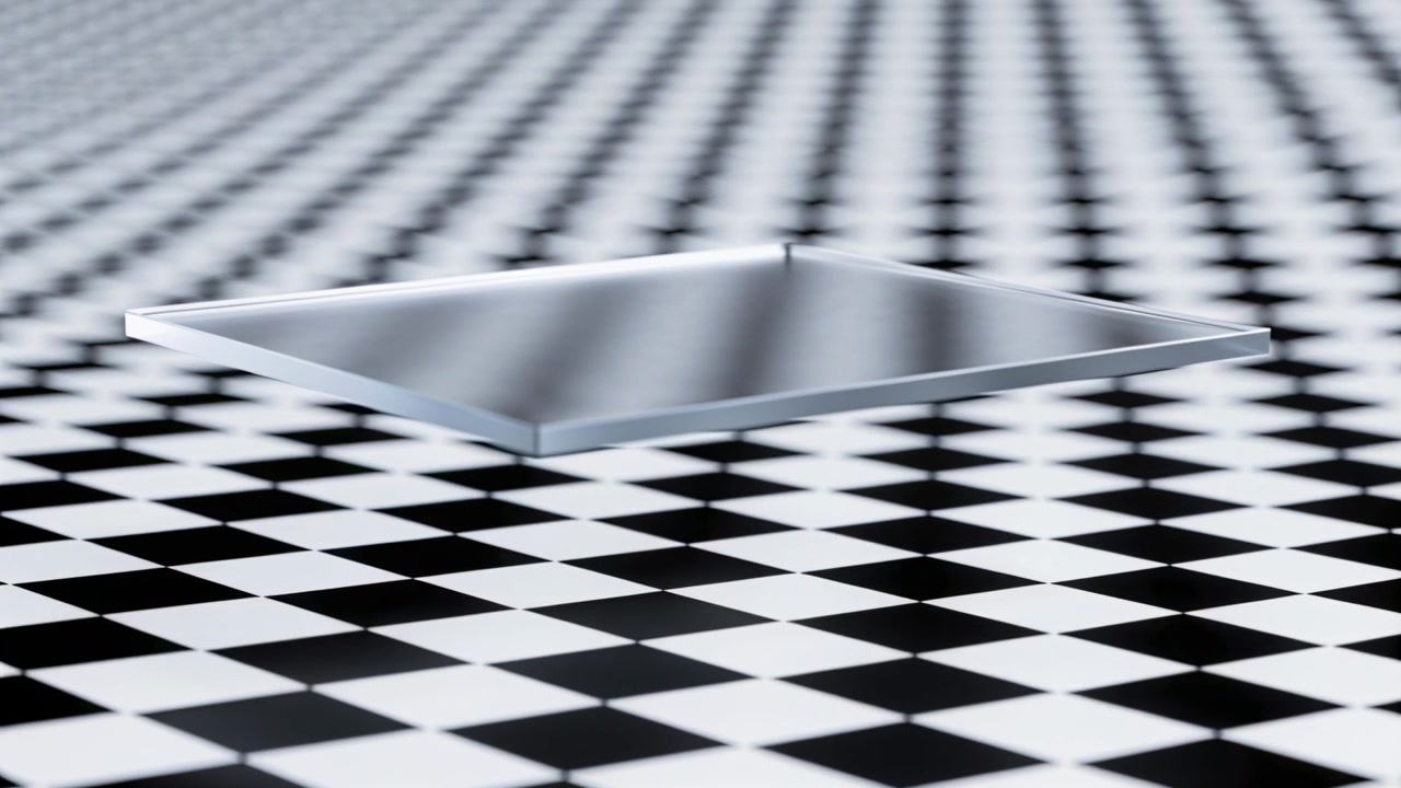 Animation starting, tilting thin metal panel over checkered plane with diagonal stripes reflecting