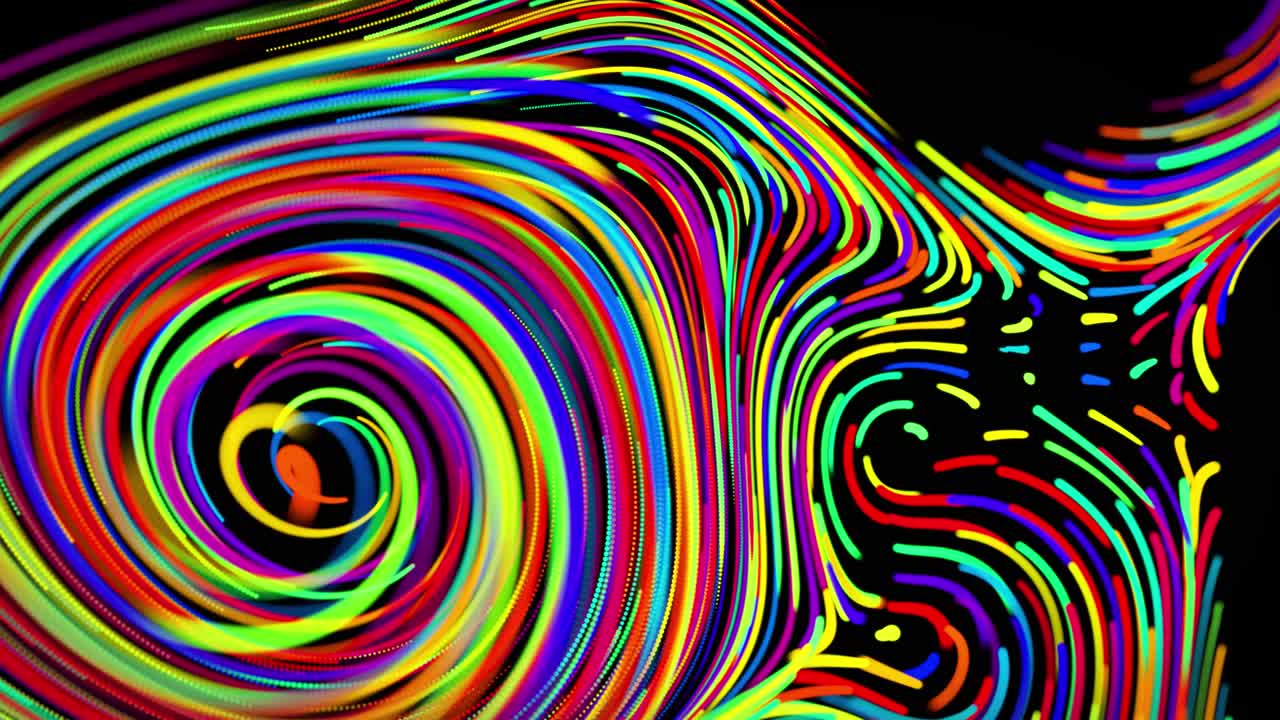 el flujo de partículas forma líneas rizadas como rastros de brillo de diferentes colores, las líneas forman un patrón giratorio como ruido de rizado. abstracto 3d bucle de flujo de animación como fondo festivo creativo brillante