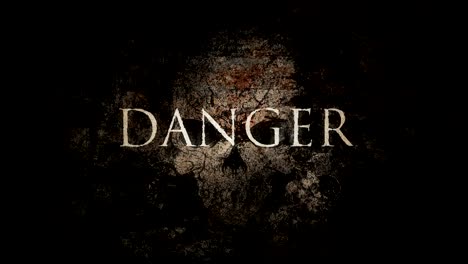 cryptic animated vintage danger sign over skull background loop