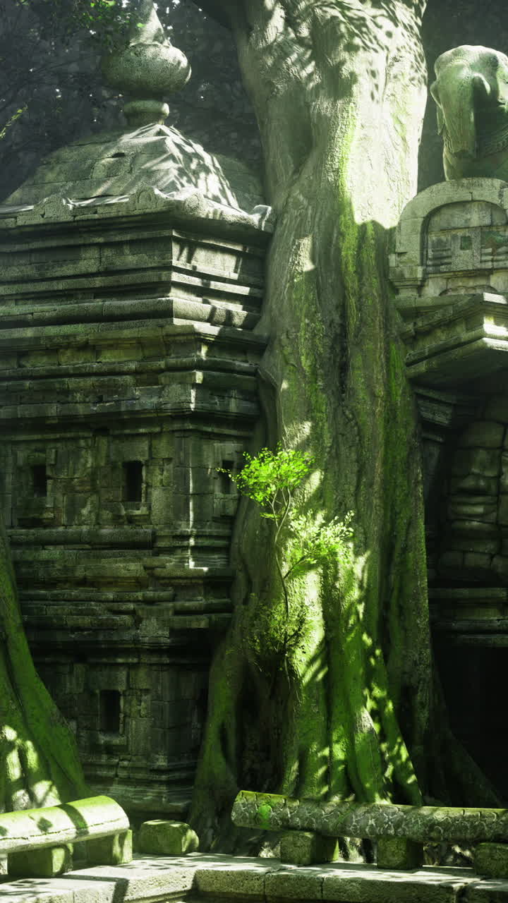 Antiche rovine di un tempio ricoperte da vegetazione lussureggiante in un'ambientazione forestale serena.