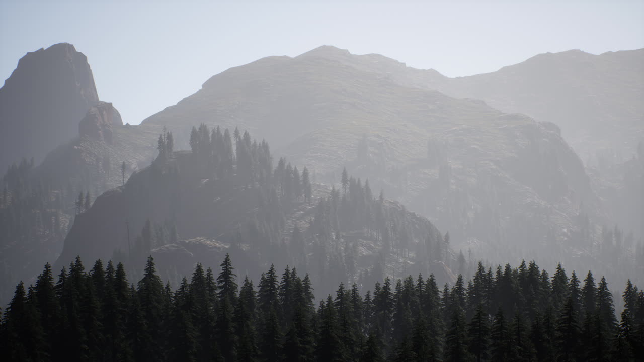 montañas y bosques brumosos