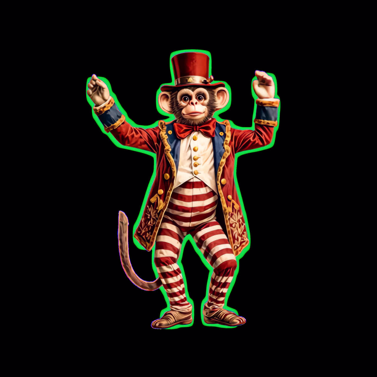 Whimsical circus monkey performer animation isolated asset, transparent 4K video, alpha channel