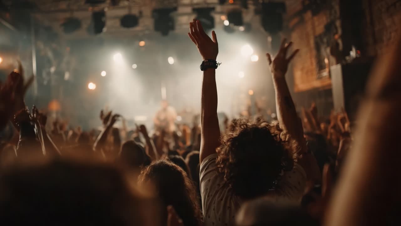 Uma noite de êxtase: uma cena de show lotada que captura a emoção da música ao vivo com fãs animados levantando as mãos em comemoração