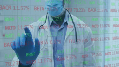 animation of stock market data processing over male doctor touching an invisible screen