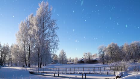 rural landscape and frozen lake during snowfall, static view