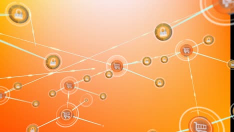 Animation-of-network-of-connections-with-icons-over-orange-background
