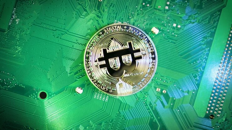Topdown view Rotating gold Bitcoin on green computer board, Passive income by mining Bitcoin