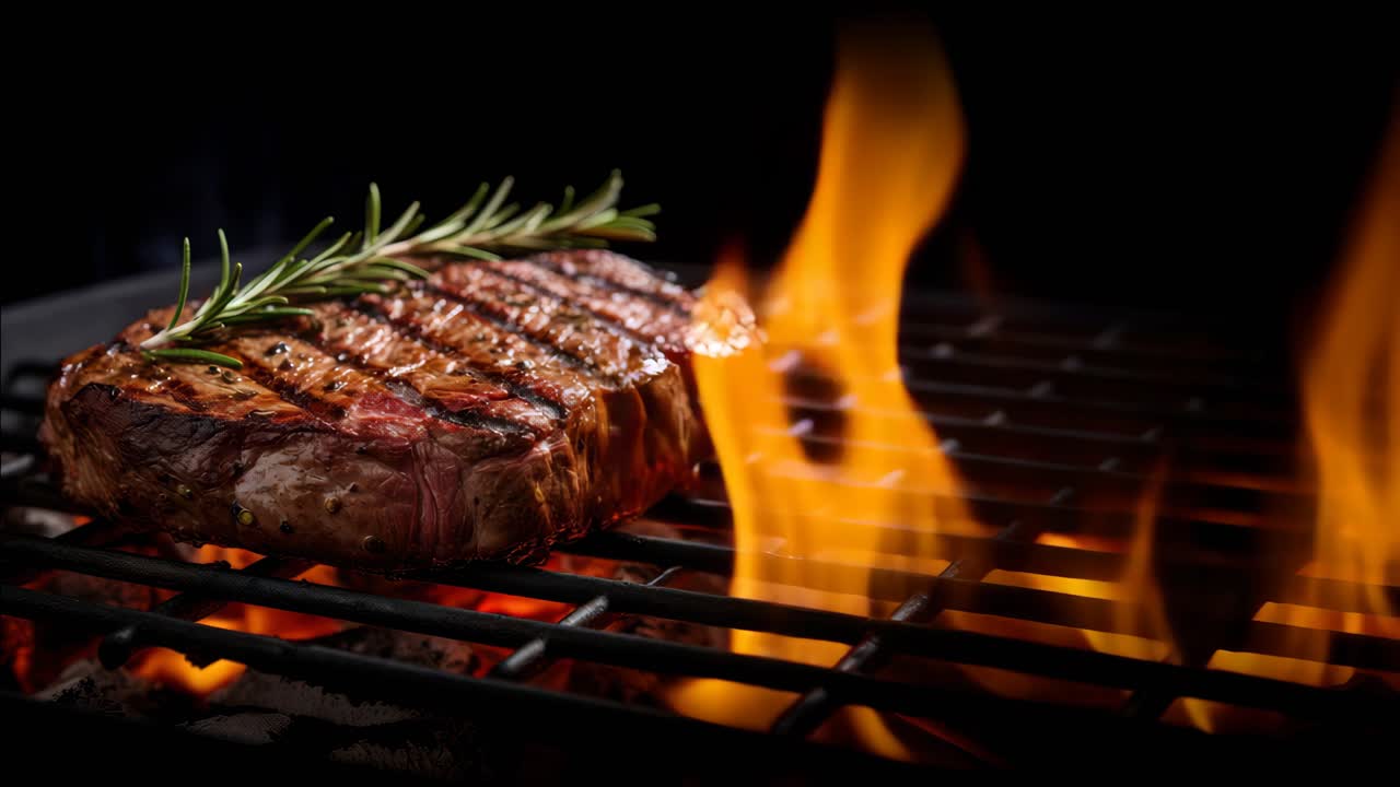 Video ravvicinato di una succulenta bistecca che griglia su fiamme vive, guarnita con rosmarino.