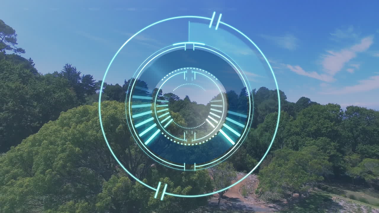 Digital interface animation overlaying lush green forest landscape in nature