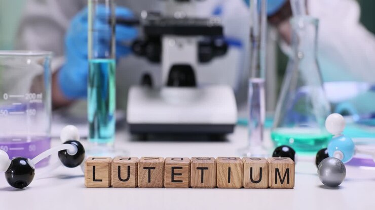 Lutetium spelled out with blocks in a chemistry lab