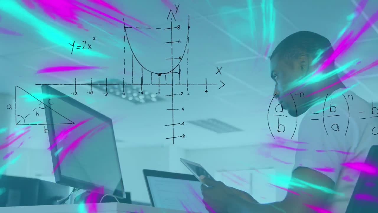Animation mathematical formulas over businessman using computer