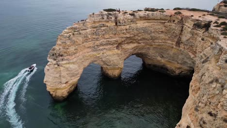 Drone-shot-of-Arco-Natural-in-Portugal's-Algarve-Coast