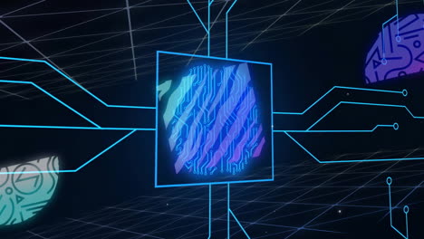 animación de formas abstractas sobre el cerebro en el circuito de la placa base que brilla en fondo oscuro