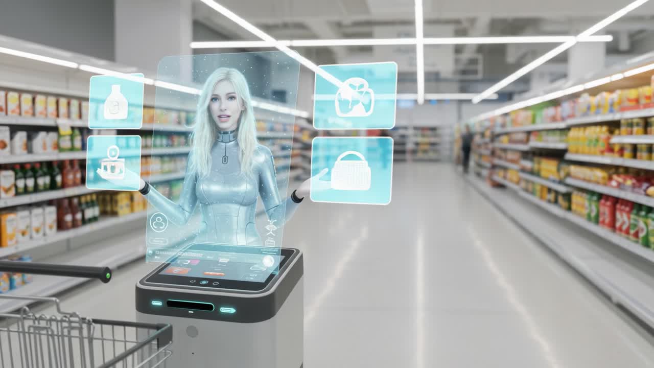 Innovative Shopping Experience with a Virtual Assistant: A Futuristic Robot Guide Enhancing the Grocery Store Visit for Customers in a High-Tech Environment