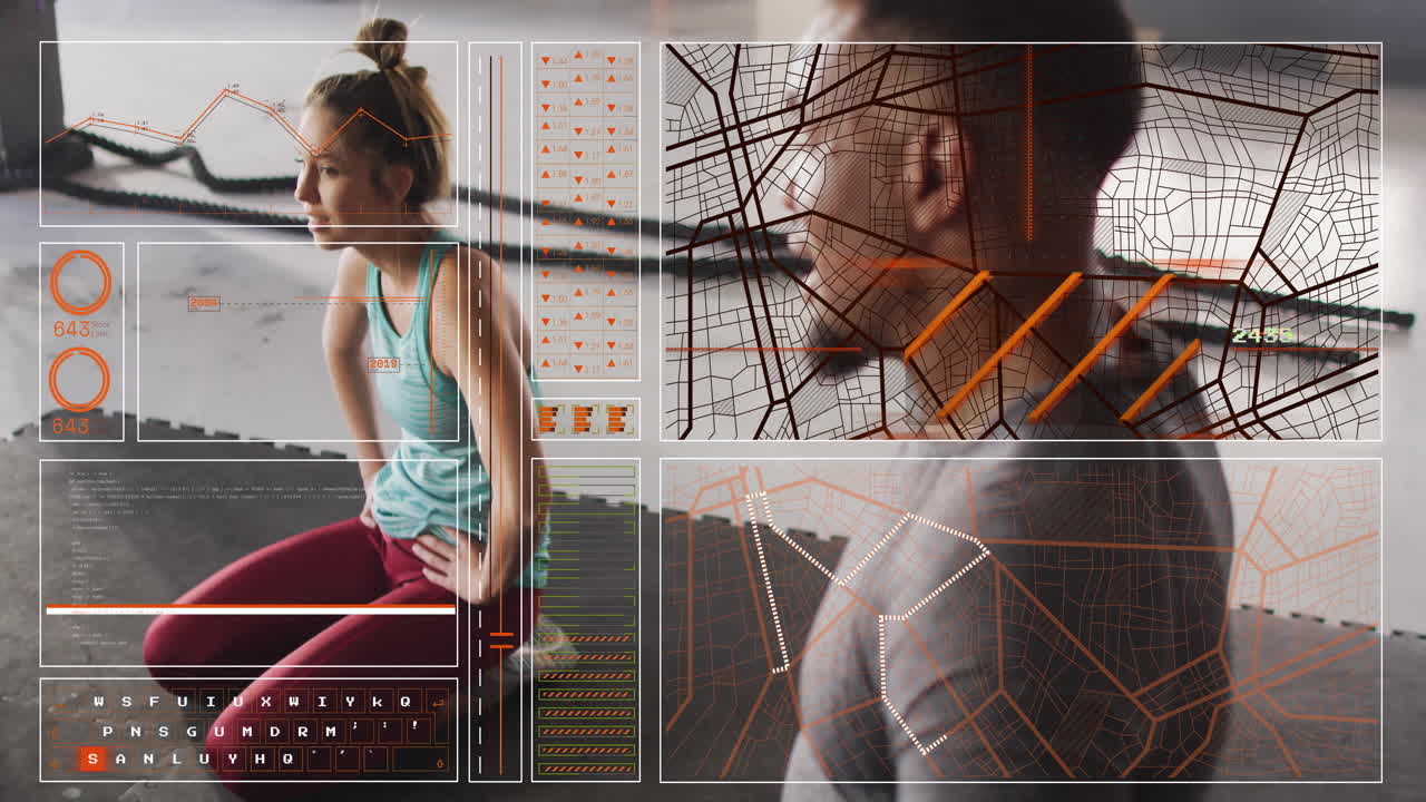Exercising, woman with digital fitness data and network animation on screen