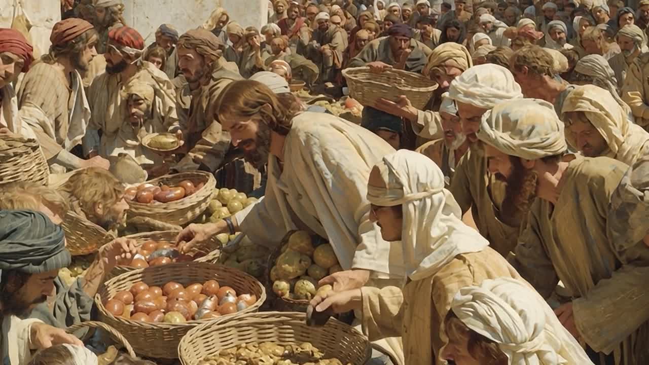 Raduno della comunità per la celebrazione del raccolto in un mercato storico
