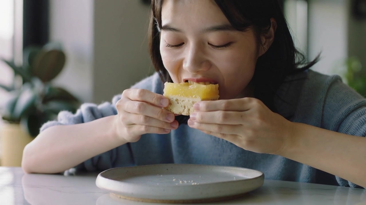 Holding layered snack above ceramic plate, woman in blue sweater tasting, chewing in nook by window