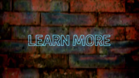 animation of blue neon text, learn more, on brick wall background