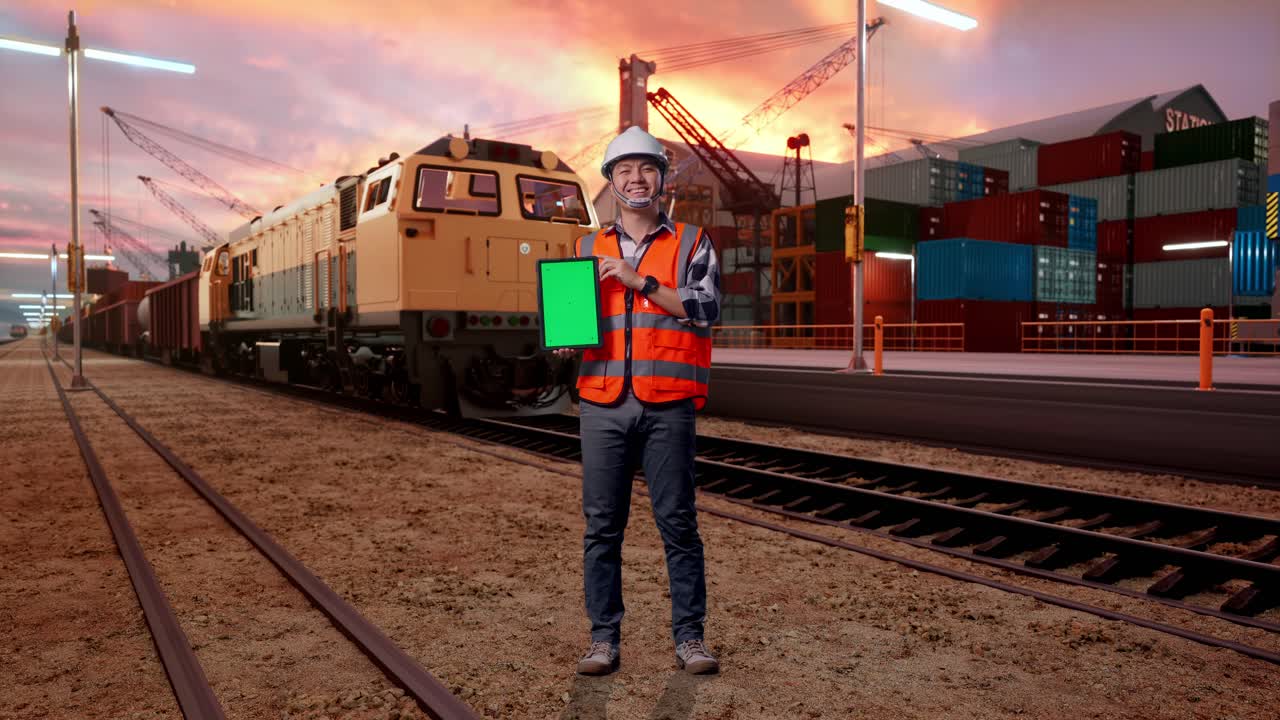 Engineer with Tablet at a Train Station