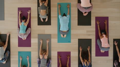 vista superior de la clase de yoga de jóvenes sanos que practican pose para niños estirándose disfrutando del estilo de vida físico haciendo ejercicio en el estudio