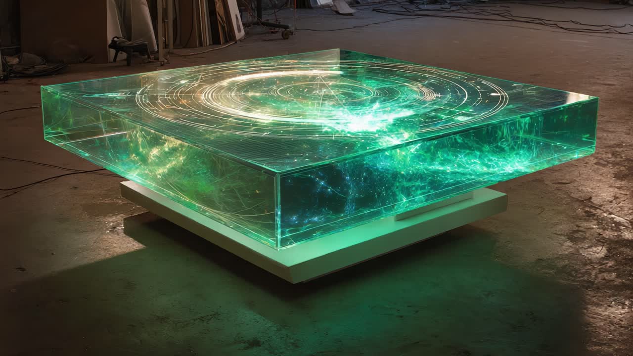 A Stunning Art Piece: A Mesmerizing Table with a Glowing, Cosmic Design Embedded in Clear Resin, Capturing the Beauty of the Universe with Incredible Detail and Artistic Flair