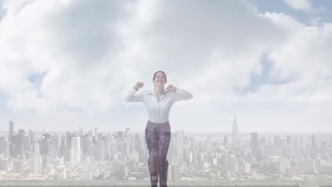 animation of cityscape over biracial businesswoman celebrating