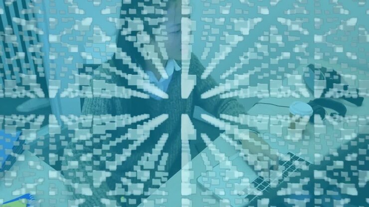 Animation of Asian woman using a computer over floating computer files and padlock appearing