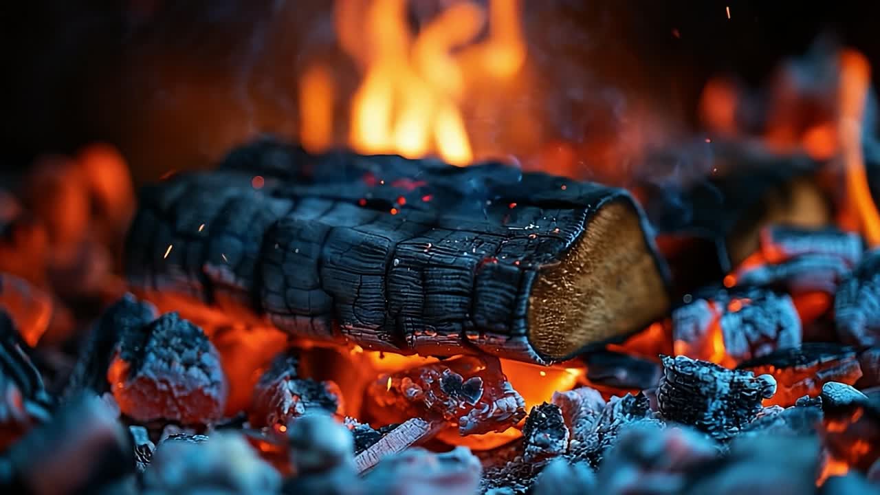 Flames dance around the wood. Flame bursts and glowing embers illuminate the darkness as wood burns, creating warmth and atmosphere on a cool night.