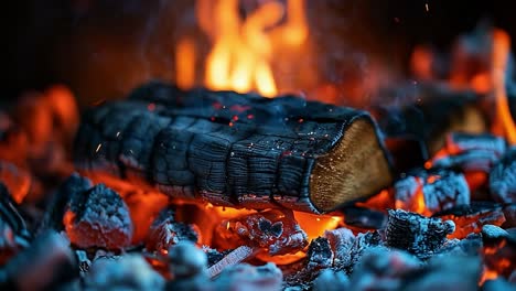 flames dance around the wood. flame bursts and glowing embers illuminate the darkness as wood burns, creating warmth and atmosphere on a cool night.