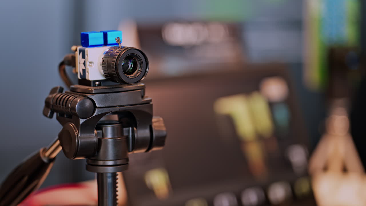 Close up of a professional camera filming on a tripod on a blurred background