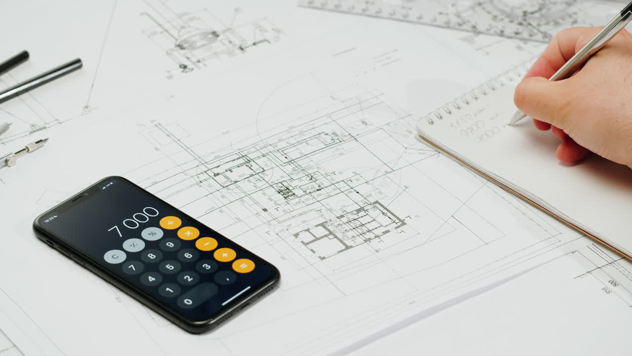 Architect or engineer calculating on a smartphone with blueprints