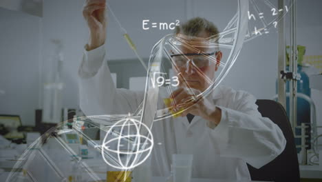 Animation of spinning dna strand and mathematical formulas over scientist