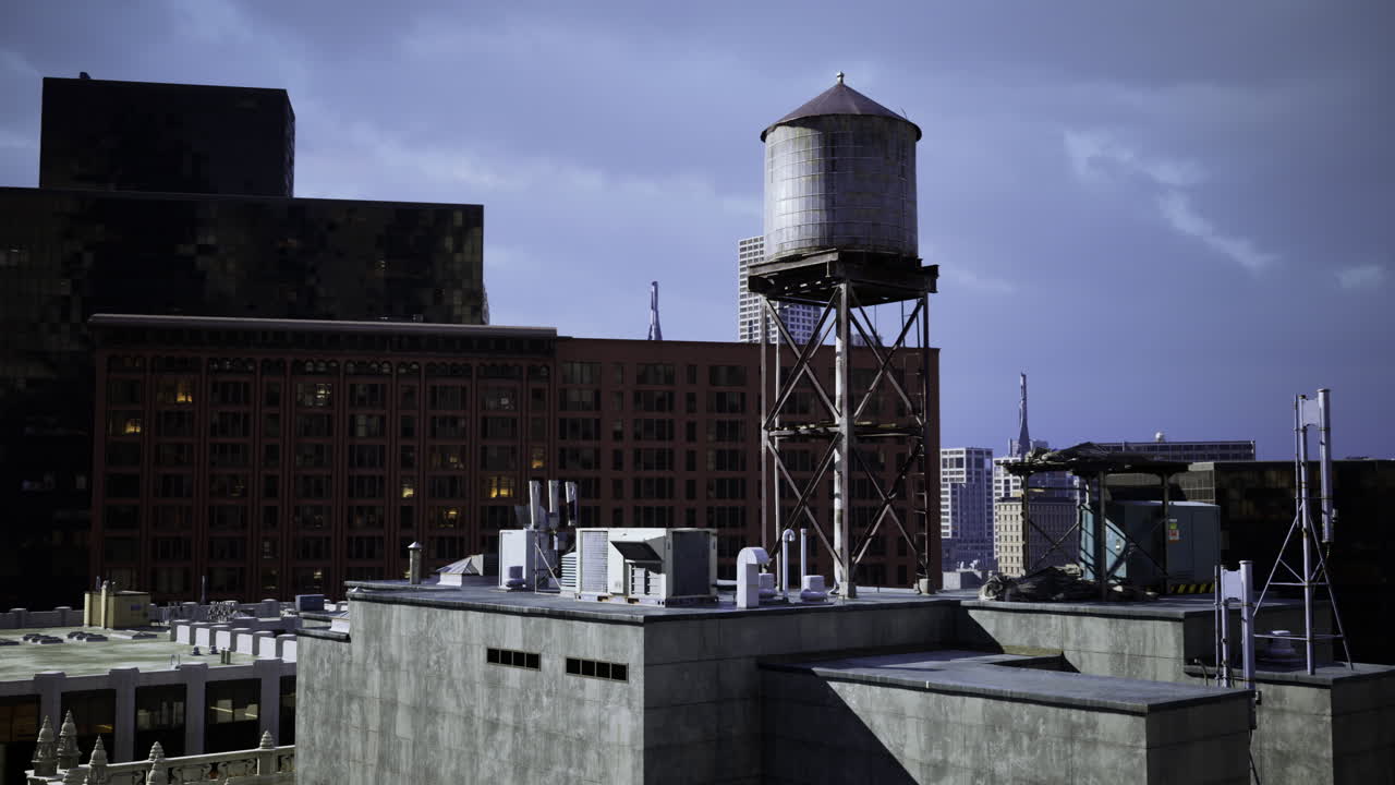 Rooftop Water Tower and Cityscape